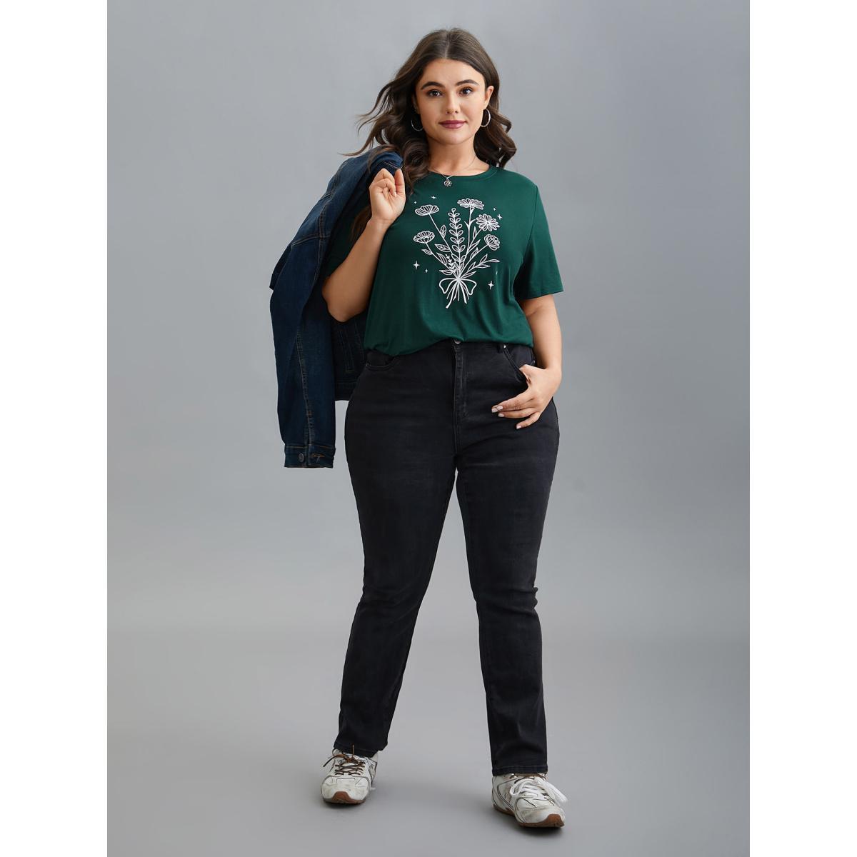 Plus Size Floral Motif Round Neck Fitted T-Shirt DarkGreen Women Casual Non Natural Flowers Round Neck Everyday T-shirts BloomChic 10/M Product Image