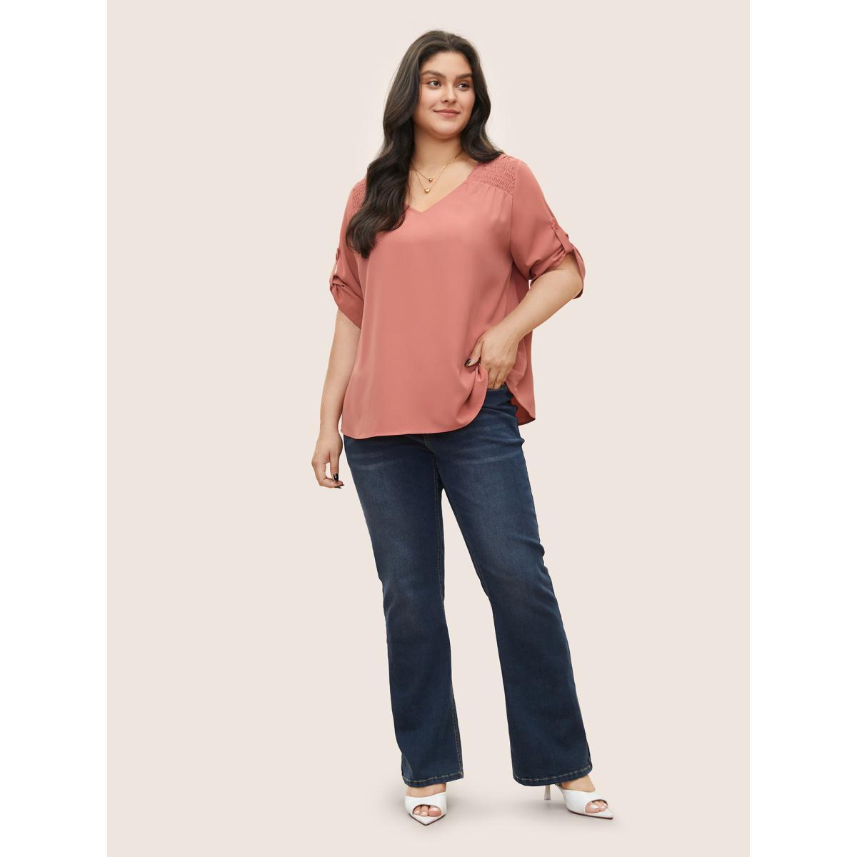 Plus Size Salmon V Neck Solid Shirred Tab Sleeve Blouse Women Work From Home Elbow-length sleeve V-neck Work Blouses BloomChic 30/6X Product Image