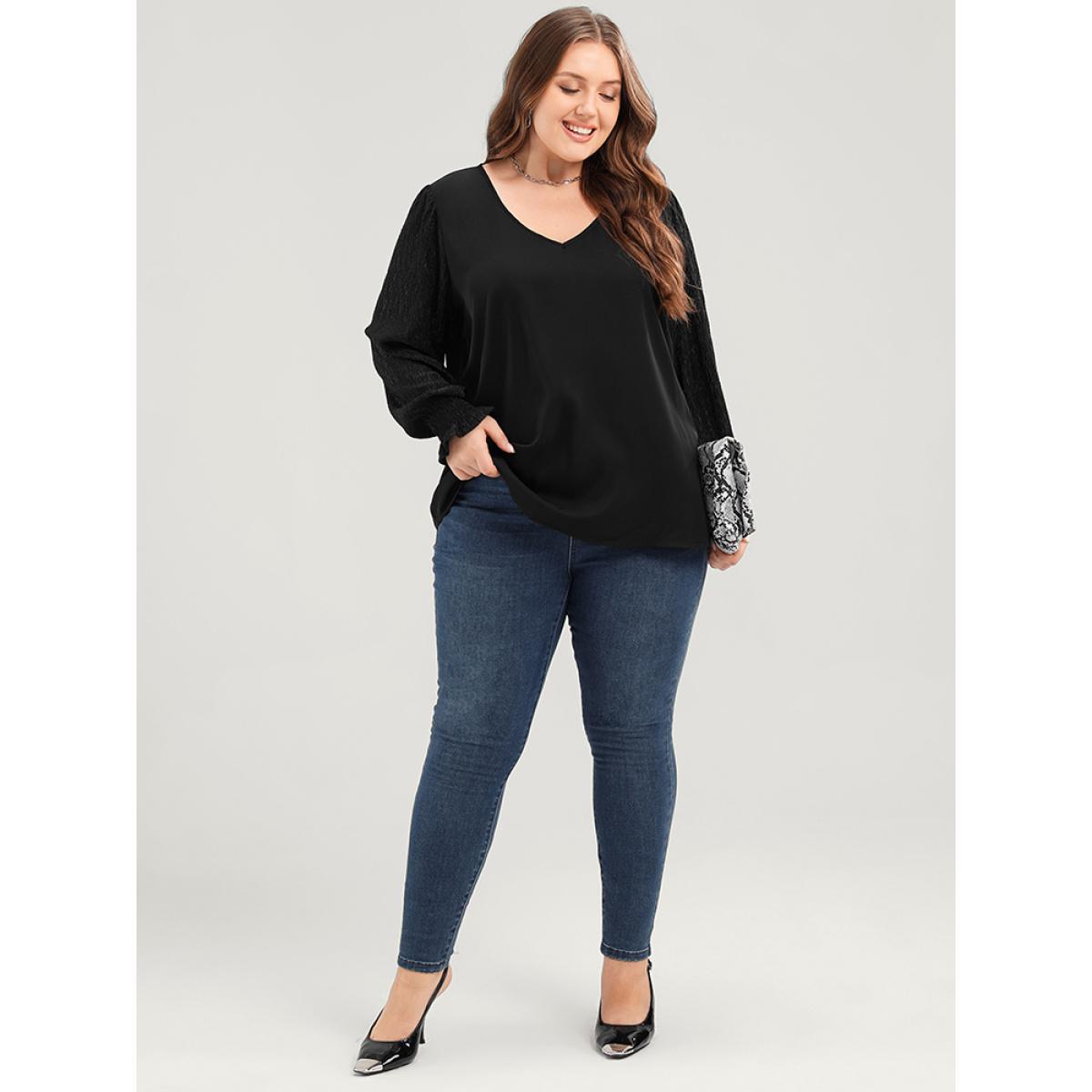 Plus Size Black Solid V Neck Puff Sleeve Blouse Women Elegant Long Sleeve V-neck Dailywear Blouses BloomChic 18-20/2X Product Image