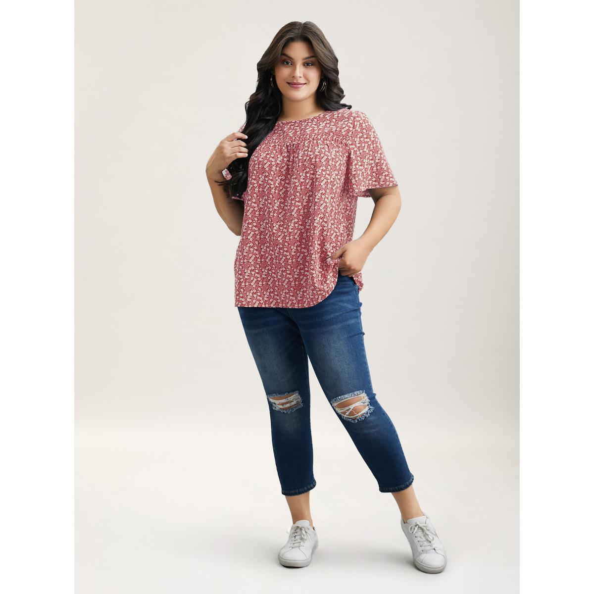 Plus Size Watermelon Floral Ruffle Sleeve Gathered Round Neck Blouse Women Casual Short sleeve Round Neck Everyday Blouses BloomChic 14-16/1X Product Image