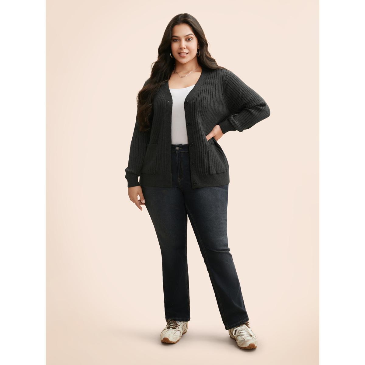 Plus Size Supersoft V-neck Wool Cardigan DimGray Women Basics Bodycon Long Sleeve Everyday Cardigans BloomChic 26/4X Product Image