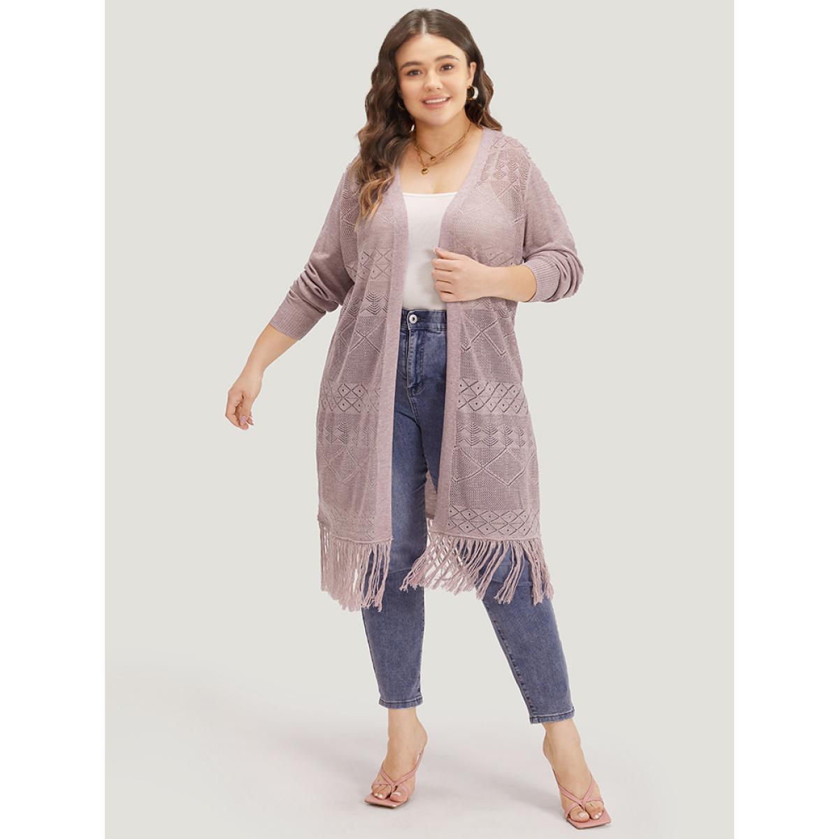 Plus Size Geometric Eyelet Fringe Trim Open Front Cardigan WhiteSmoke Women Casual Loose Long Sleeve Dailywear Cardigans BloomChic 26/4X Product Image