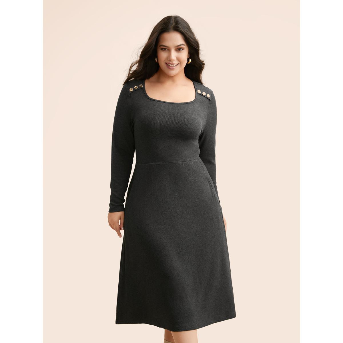 Plus Size Supersoft Essentials Button Shoulder Midi Dress DarkGray Women Casual Texture Square Neck Long Sleeve Curvy BloomChic 30/6X Product Image
