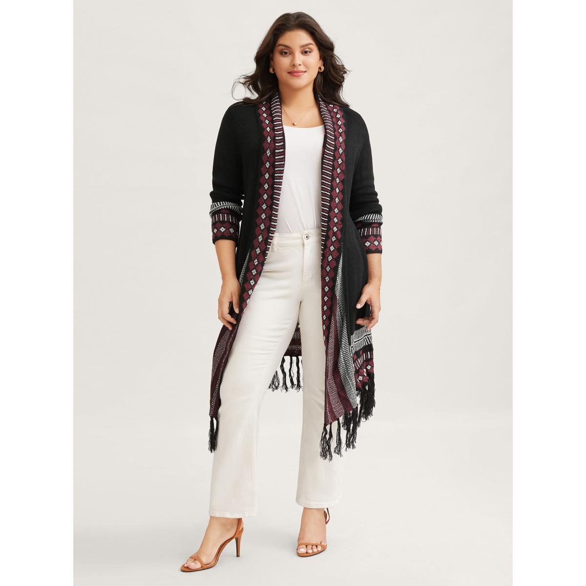 Plus Size Bandana Print Fringe Trim Maxi Cardigan Burgundy Women Casual Long Sleeve Everyday Cardigans BloomChic 10/M Product Image