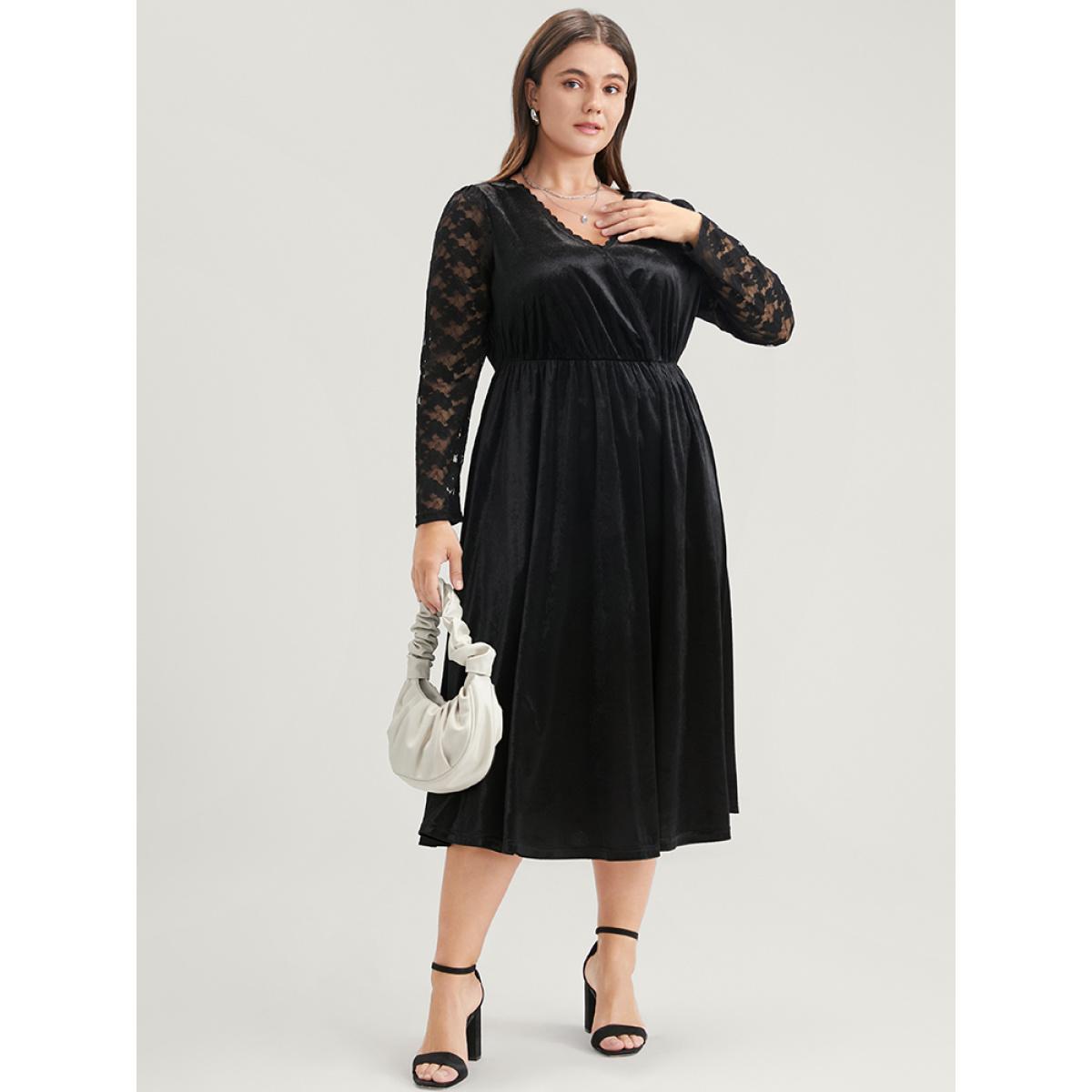Plus Size Solid Wrap Contrast Lace Velvet Midi Dress Black Women Party Patchwork V-neck Long Sleeve Curvy Midi Dress BloomChic 18-20/2X Product Image