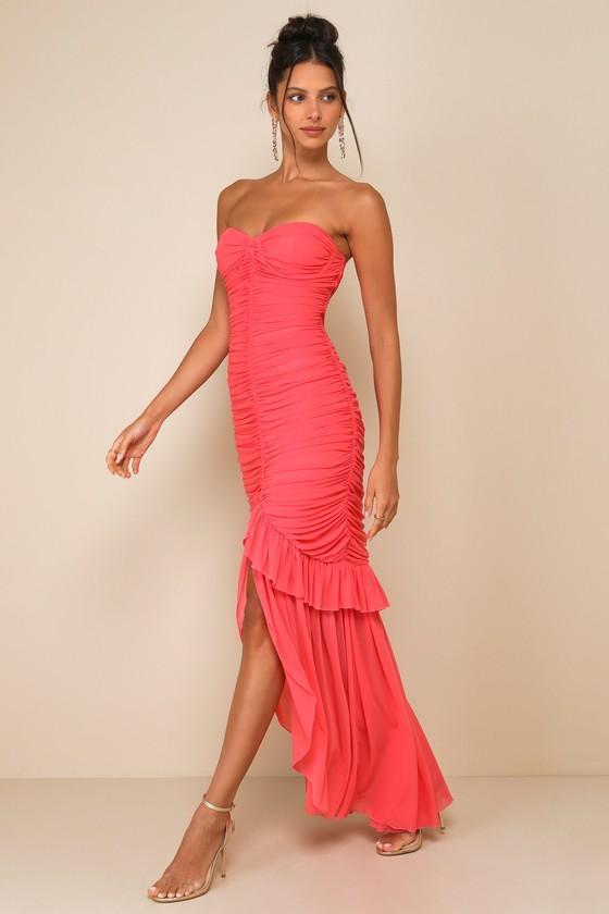 Unforgettable Beauty Coral Pink Mesh Ruched High-Low Maxi Dress Product Image