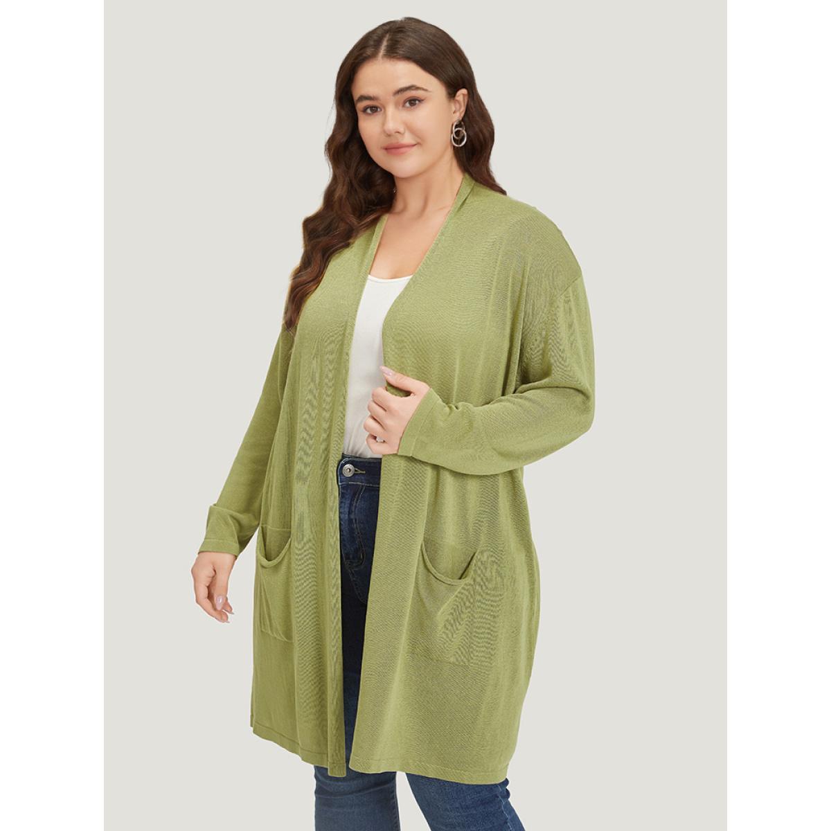 Plus Size Solid Patched Pocket Open Front Tunic Cardigan Moss Women Casual Loose Long Sleeve Dailywear Cardigans BloomChic 28/5X Product Image