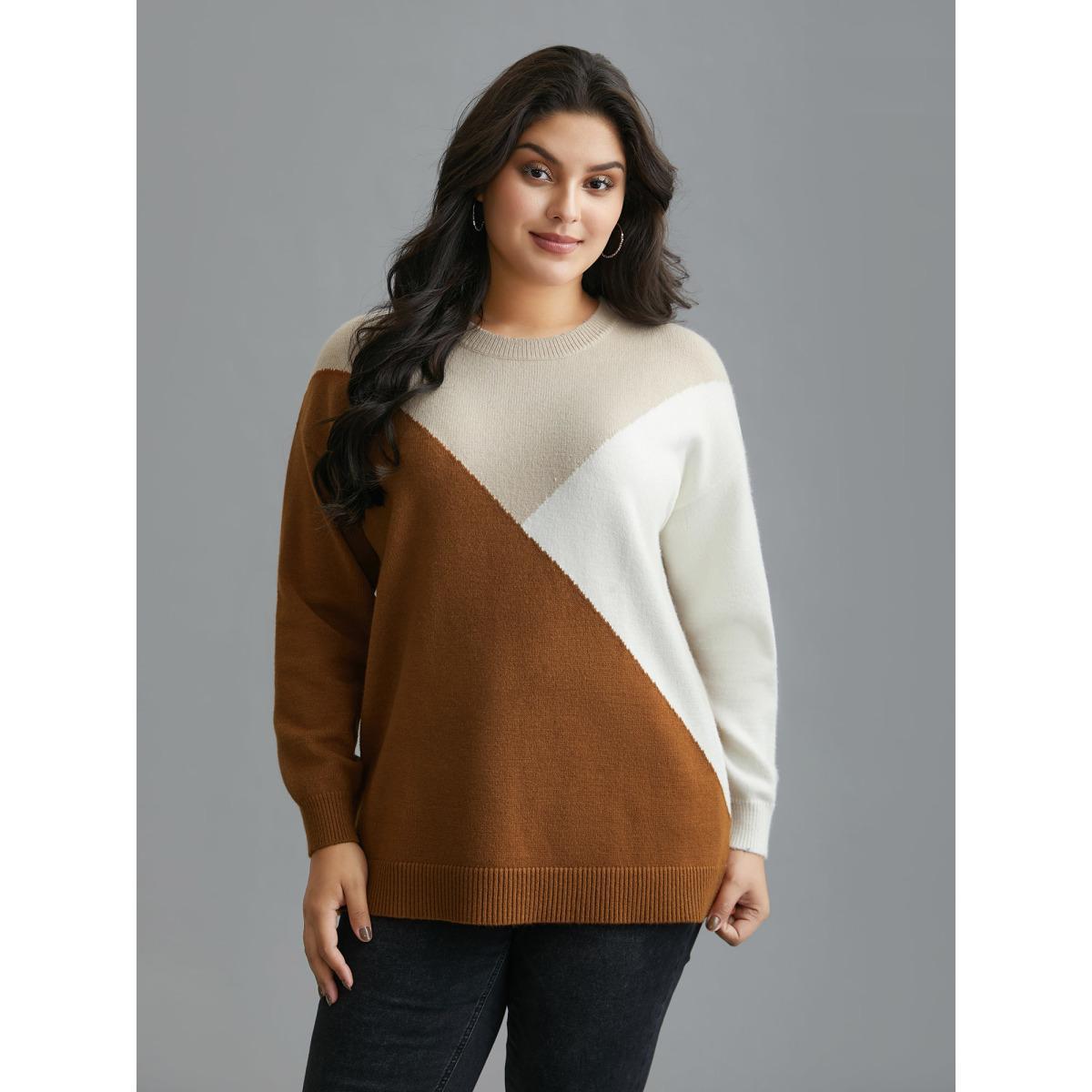 Plus Size Supersoft Essentials Color Block Crew Neck Pullover Yellowishbrown Women Casual Loose Long Sleeve Round Neck Everyday Pullovers BloomChic 12/L Product Image
