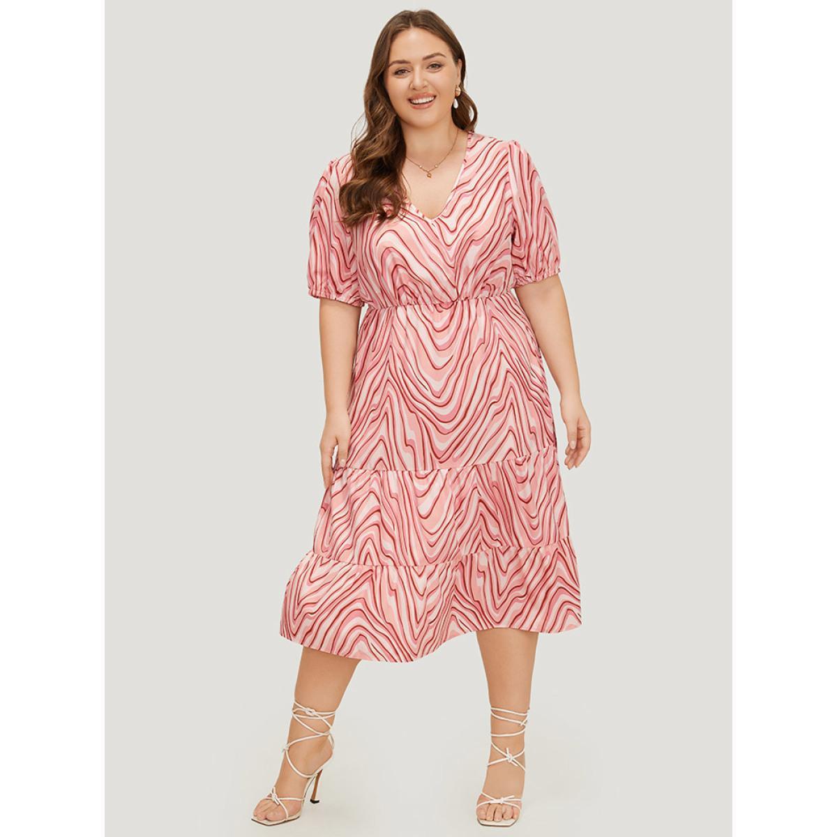Plus Size Zebra Print Puff Sleeve Pocket Layered Hem Dress Crepe Women Elegant Tiered V-neck Short sleeve Curvy Midi Dress BloomChic 26/4X Product Image