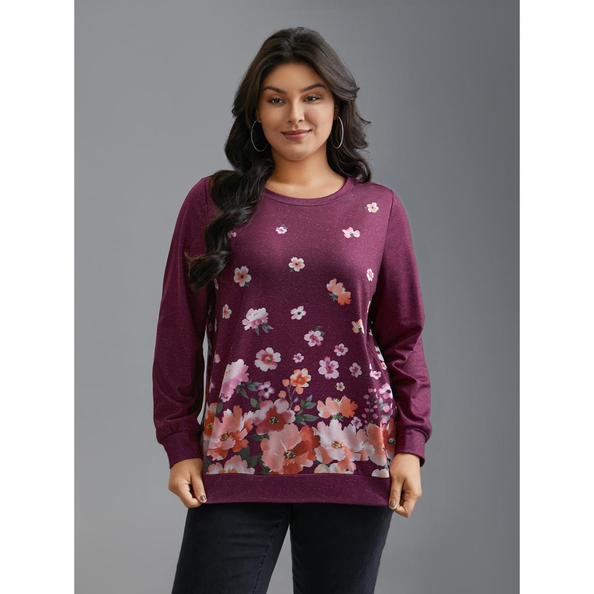 Plus Size Round Neck Floral Stretchy Sleeve Sweatshirt Women Deeppurplered Casual Non Round Neck Everyday Sweatshirts BloomChic 30/6X Product Image