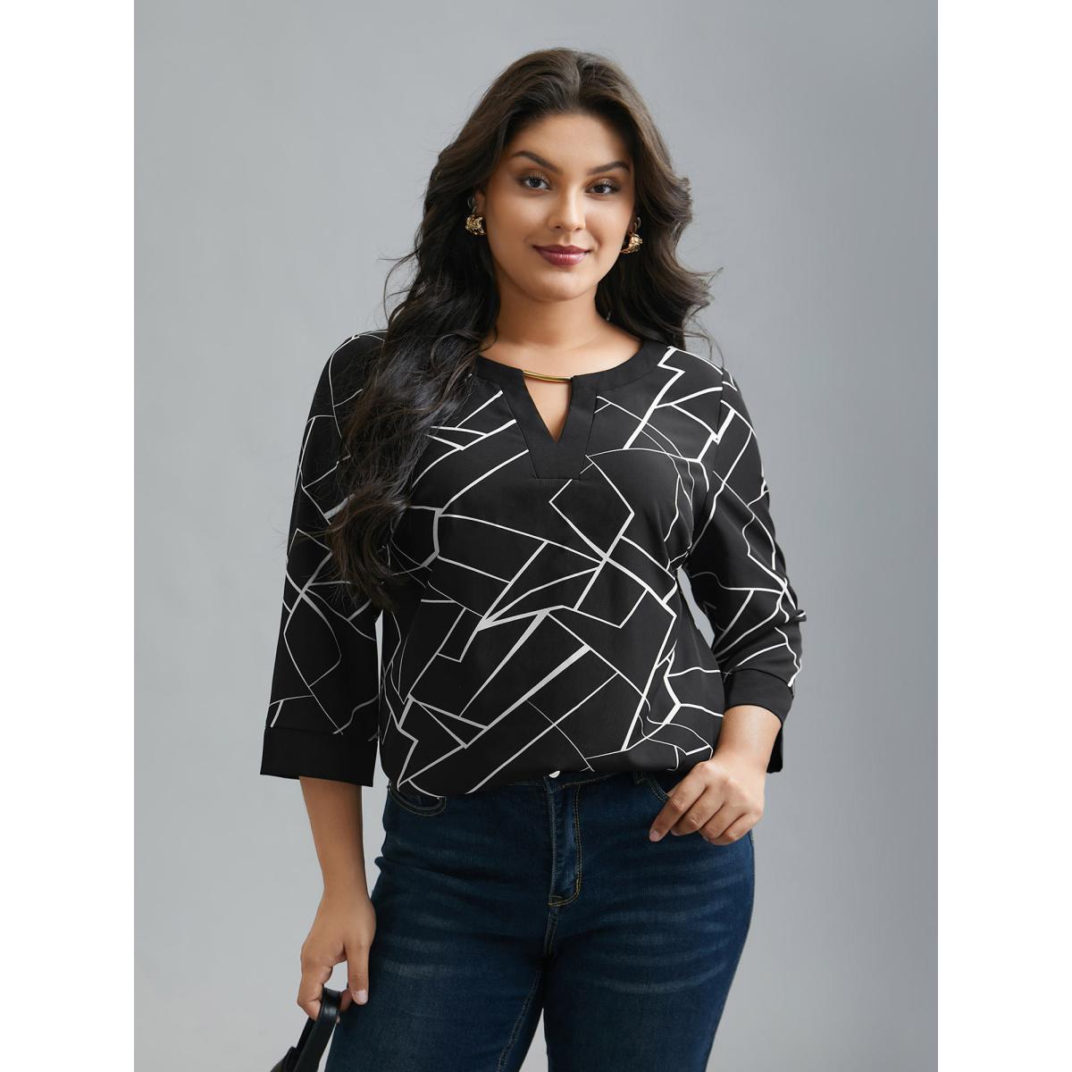 Plus Size Black Geometric Print Metal Detail Spliced Blouse Women At the Office Elbow-length sleeve Round Neck Work Blouses BloomChic 12/L Product Image