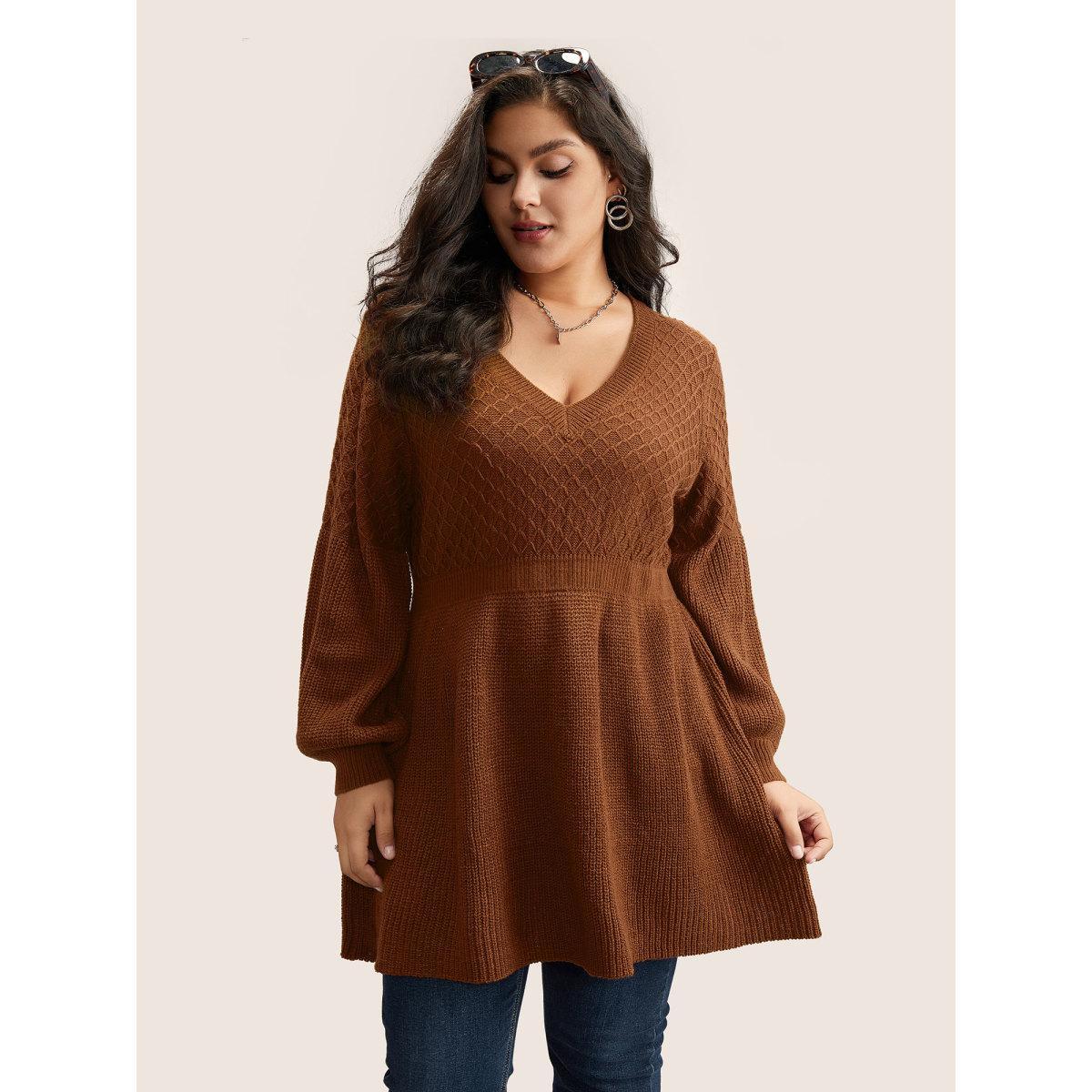 Plus Size Plain Plisse Lantern Sleeve A Line Pullover Chocolate Women Elegant Long Sleeve V-neck Everyday Pullovers BloomChic 14-16/1X Product Image