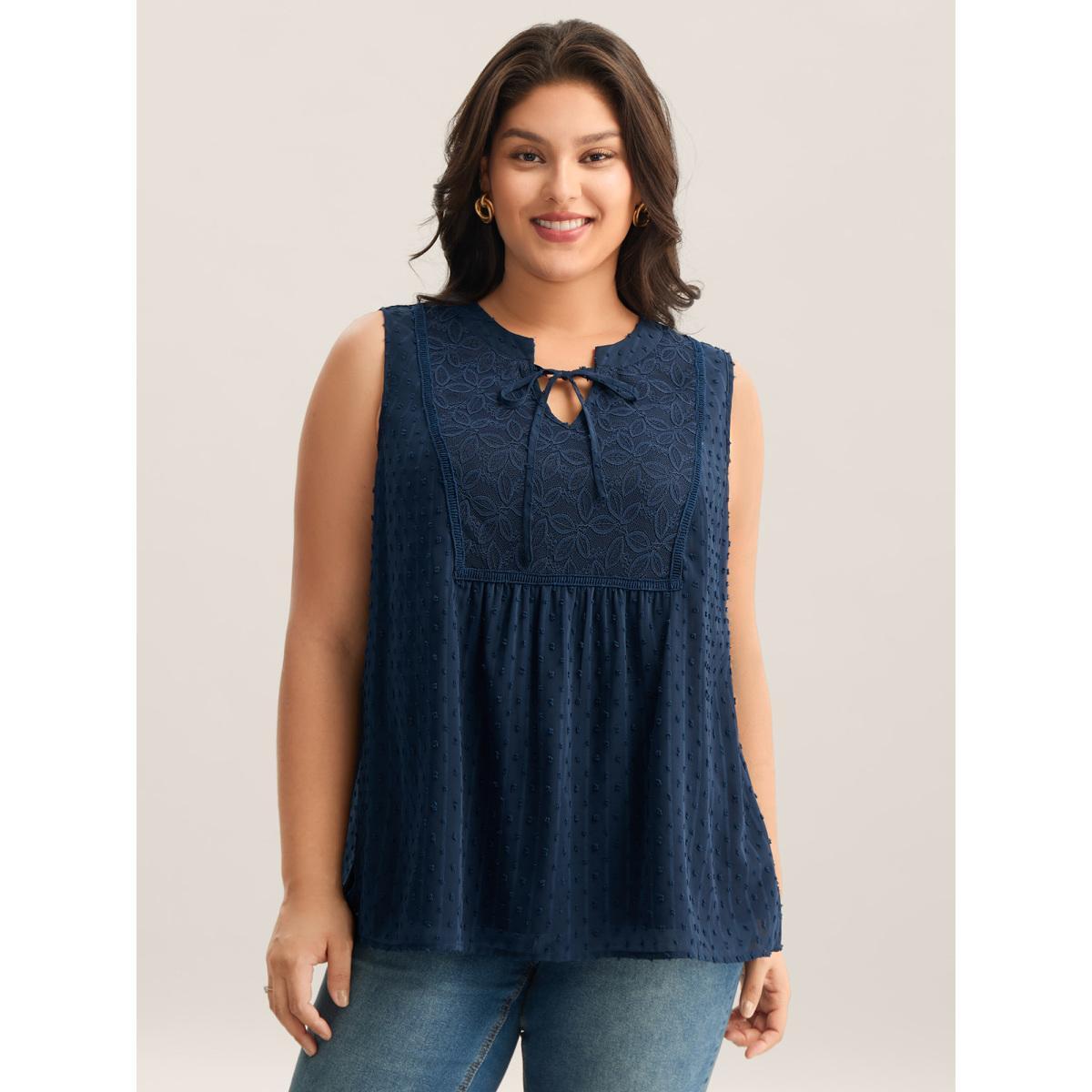 Plus Size Textured Lace Detail Neck Tie Sleeveless Top Women DarkBlue Woven ribbon&lace trim Flat collar with V-notch Everyday-Elegant Tank Tops Camis BloomChic 28/5X Product Image