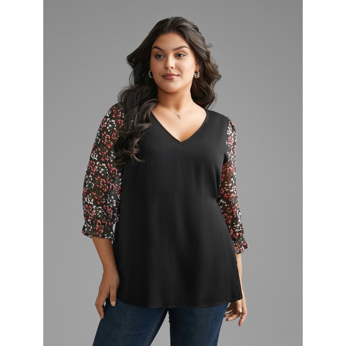 Plus Size Black V Neck Ditsy Floral Patchwork Blouse Women Elegant Elbow-length sleeve V-neck Everyday Blouses BloomChic 28/5X Product Image
