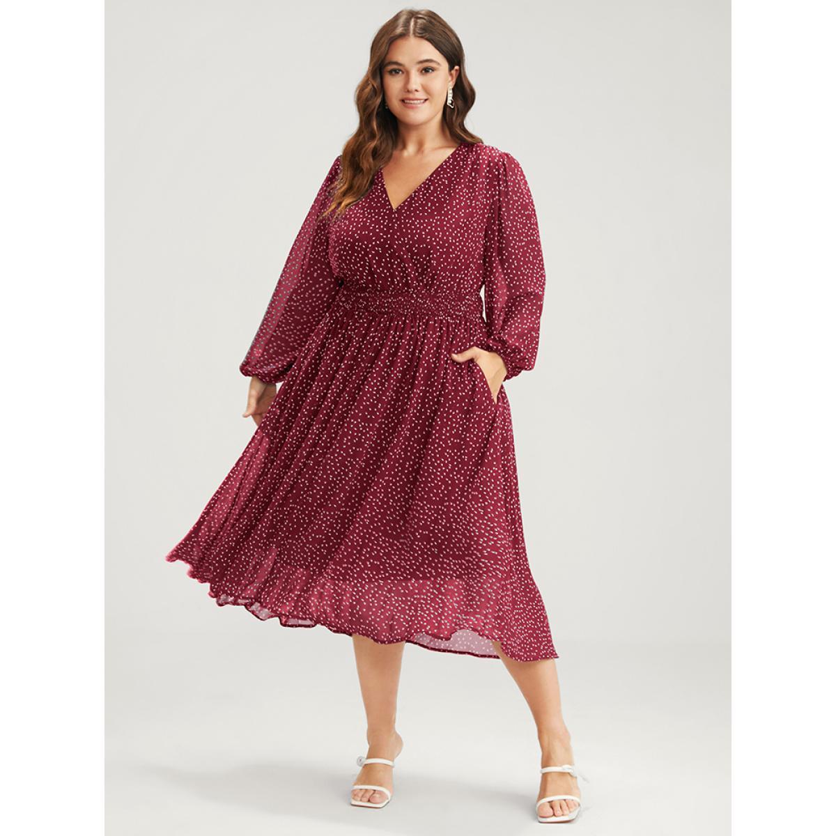Plus Size Polka Dot Lantern Sleeve Pocket Shirred Flutter Dress Burgundy Women Elegant Pocket V-neck Short sleeve Curvy Midi Dress BloomChic 10/M Product Image