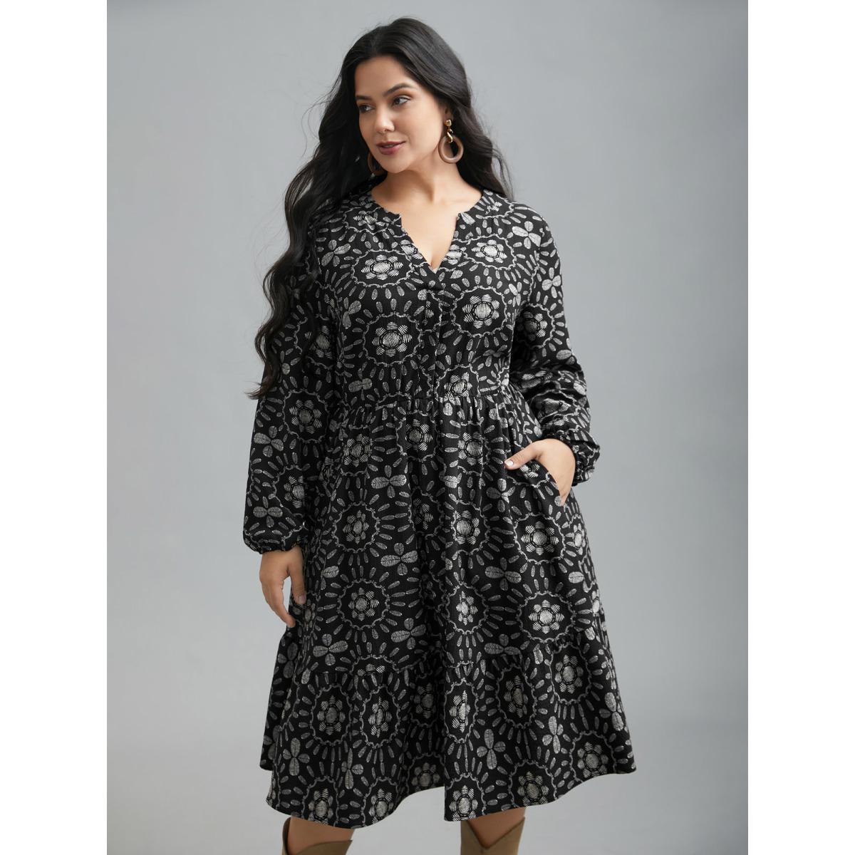 Plus Size Notched Collar Print Tiered Midi Dress Black Women Resort Non Flat collar with V-notch Elbow-length sleeve Curvy BloomChic 18-20/2X Product Image