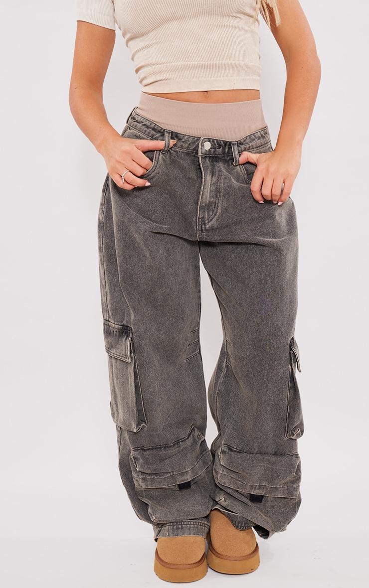 Washed Black Wide Leg Boyfriend Fit Cargos Product Image