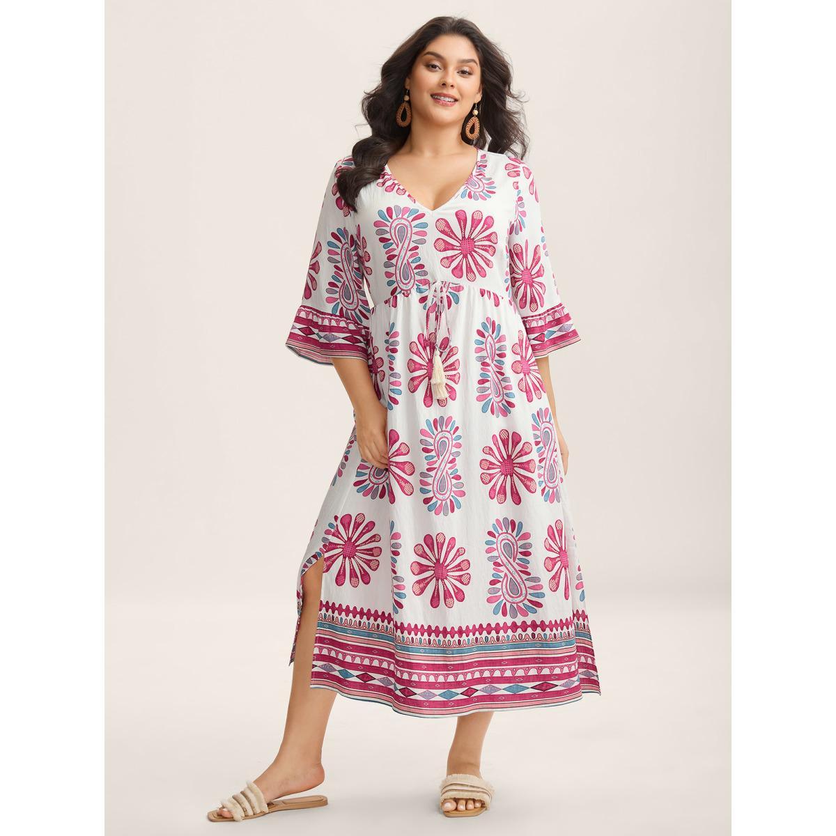 Plus Size Boho Drama Sheer A-Line Midi Dress Rosered Women V-neck Elbow-length sleeve Curvy BloomChic 26/4X Product Image