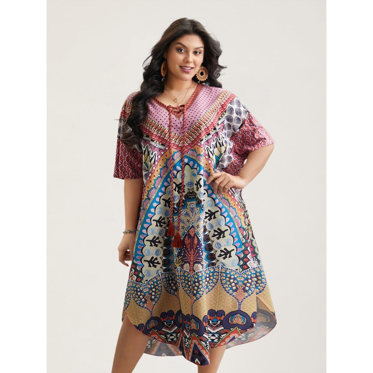 Plus Size Boho Print Ties Slit Curved Hem Midi Dress Cerulean Women Resort Wraparound straps V-neck Half Sleeve Curvy BloomChic 14-16/1X Product Image