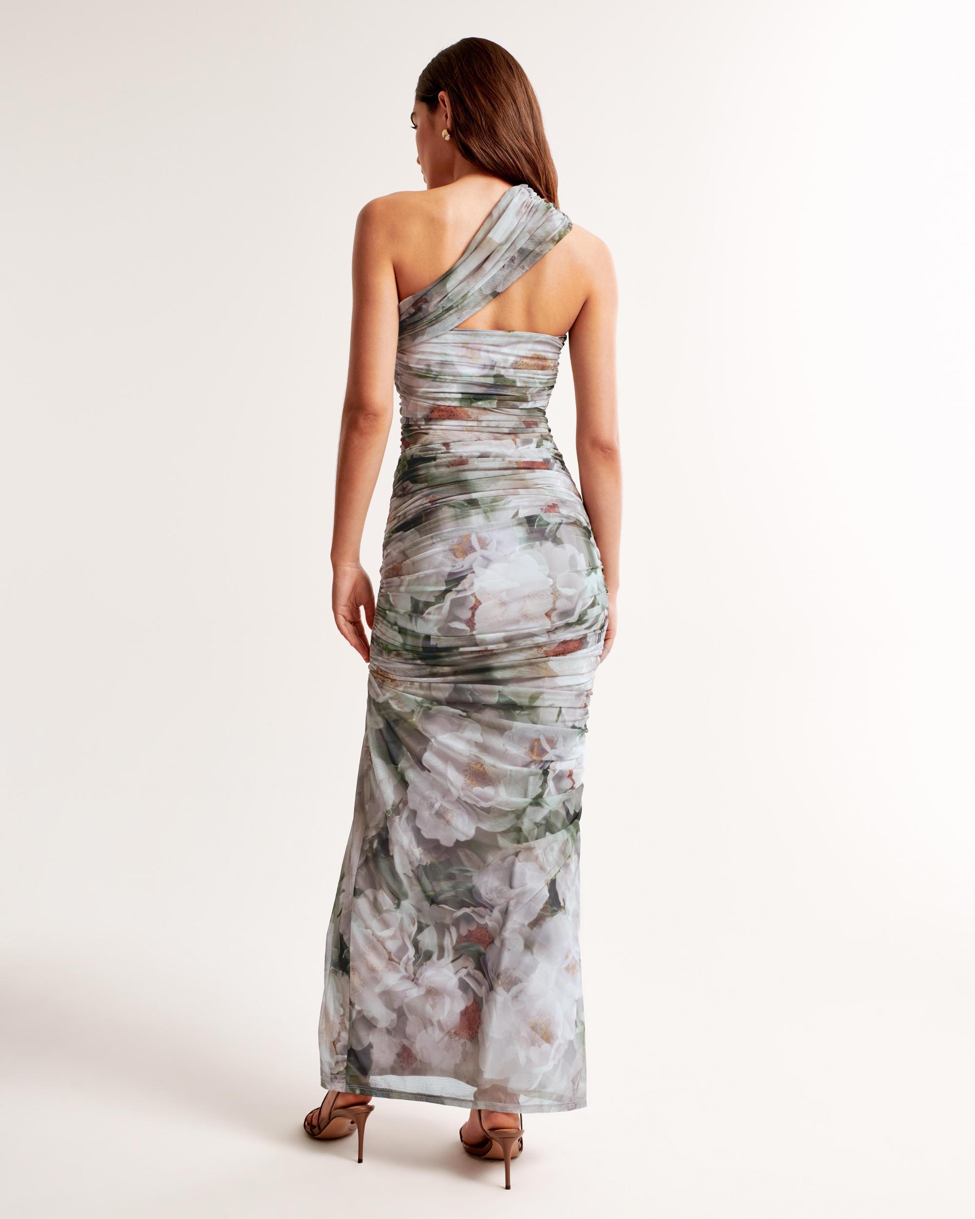 Mesh Asymmetrical Off-The-Shoulder Draped Maxi Dress Product Image