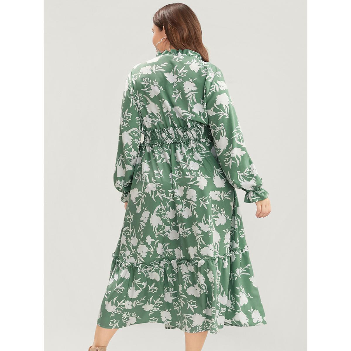 Plus Size Floral Lantern Sleeve Shirred Pocket Tie Neck Ruffle Dress Green Women Elegant Pocket Round Neck Long Sleeve Curvy Midi Dress BloomChic 10/M Product Image