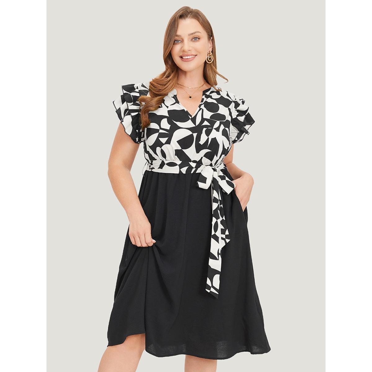 Plus Size Geometric Pocket Belted Ruffle Sleeve Notched Dress White Women Office Plain Notched collar Cap Sleeve Curvy Midi Dress BloomChic 18-20/2X Product Image
