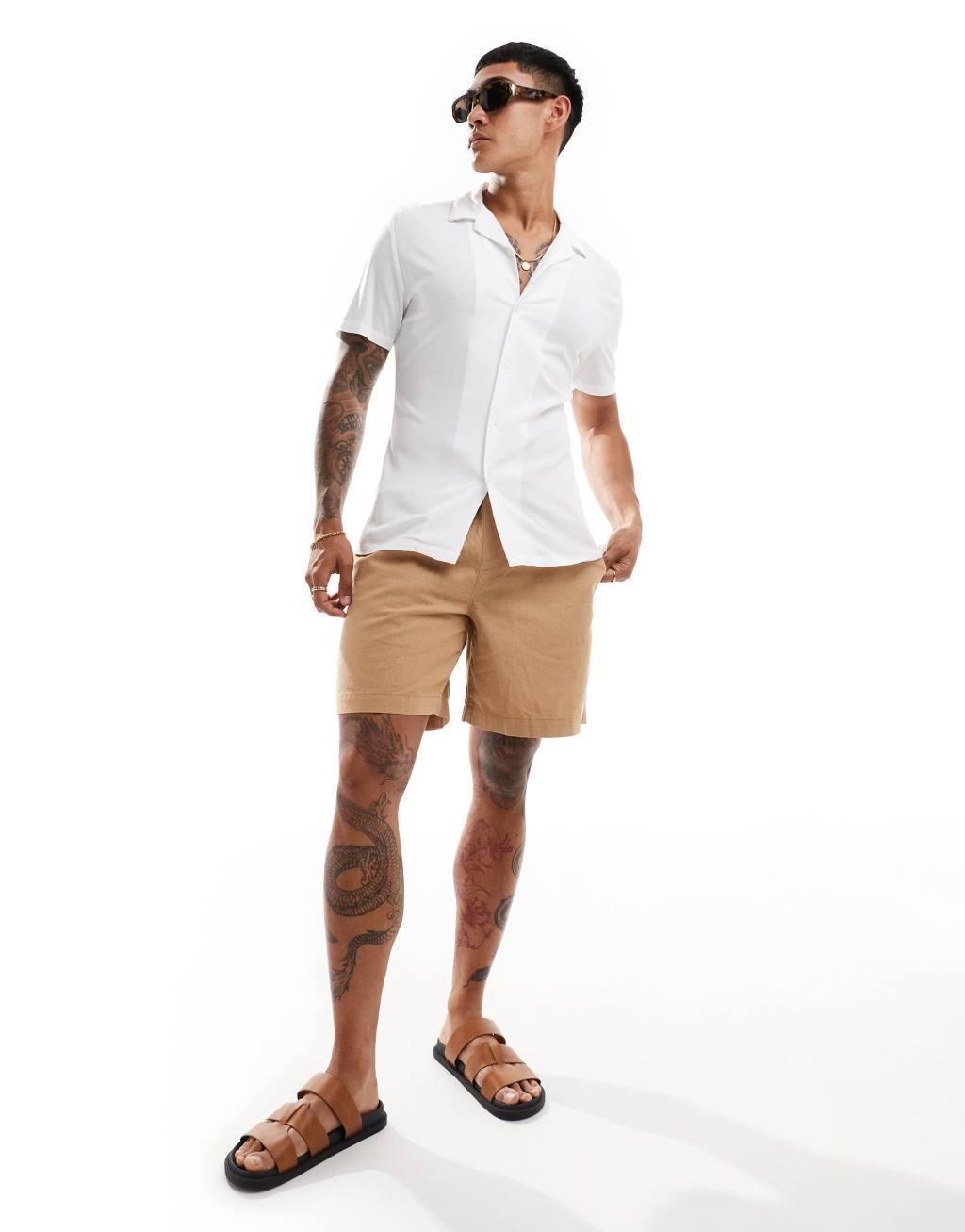 ASOS DESIGN short sleeve deep revere muscle fit viscose shirt in white Product Image