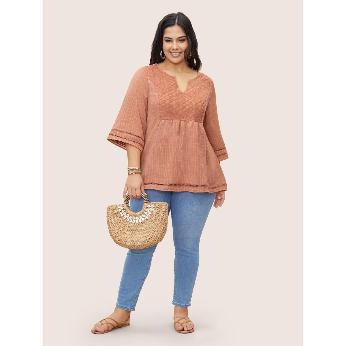 Plus Size Coral Solid Notched Lace Panel Bell Sleeve Blouse Women Resort Elbow-length sleeve Flat collar with V-notch Vacation Blouses BloomChic 10/M Product Image