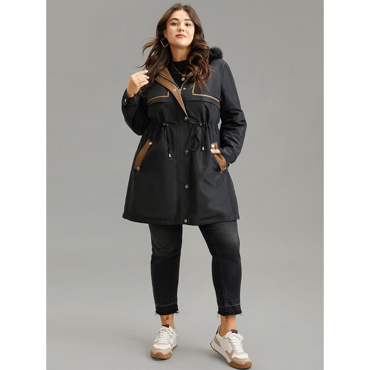 Plus Size Contrast Drawstring Patchwork Zipper Fuzzy Trim Coat Women Black Casual Lined Ladies Dailywear Winter Coats BloomChic 18-20/2X Product Image