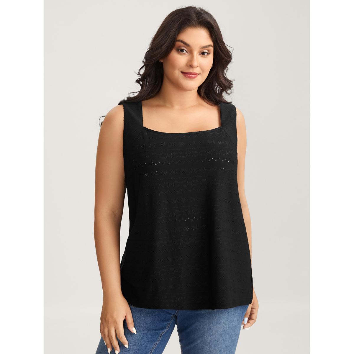 Plus Size Jacquard Eyelet Trim Backless Tank Top Women Black Woven ribbon&lace trim U-neck Everyday-Casual Tank Tops Camis BloomChic 14-16/1X Product Image