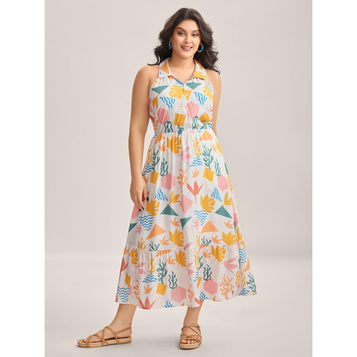 Plus Size All About Sea Stretchy Waist Midi Dress Multicolor Women Shirt collar Sleeveless Curvy BloomChic 30/6X Product Image