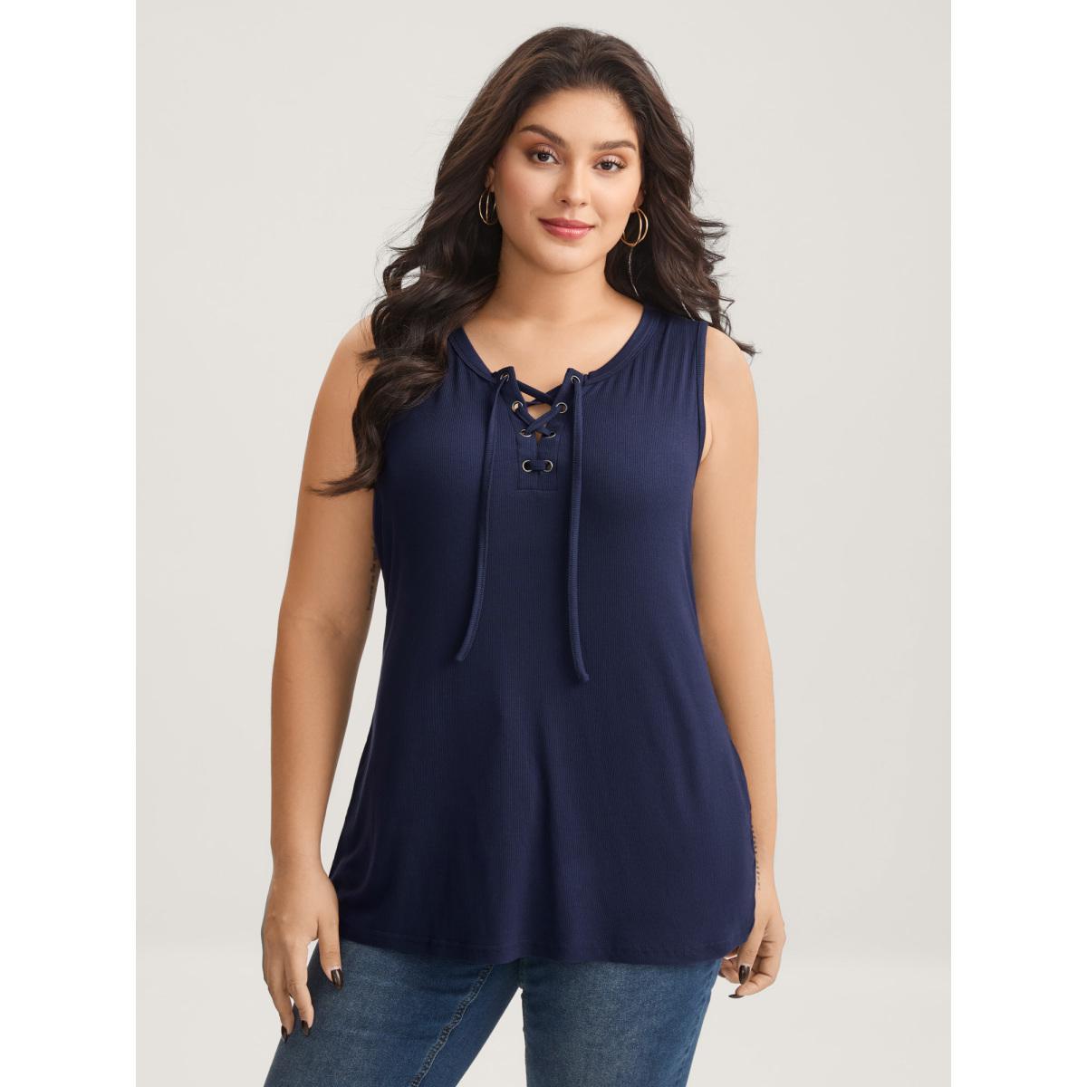 Plus Size Pit Strip Tie Neck Tank Top Women Navy Eyelet Non Everyday-Casual Tank Tops Camis BloomChic 10/M Product Image