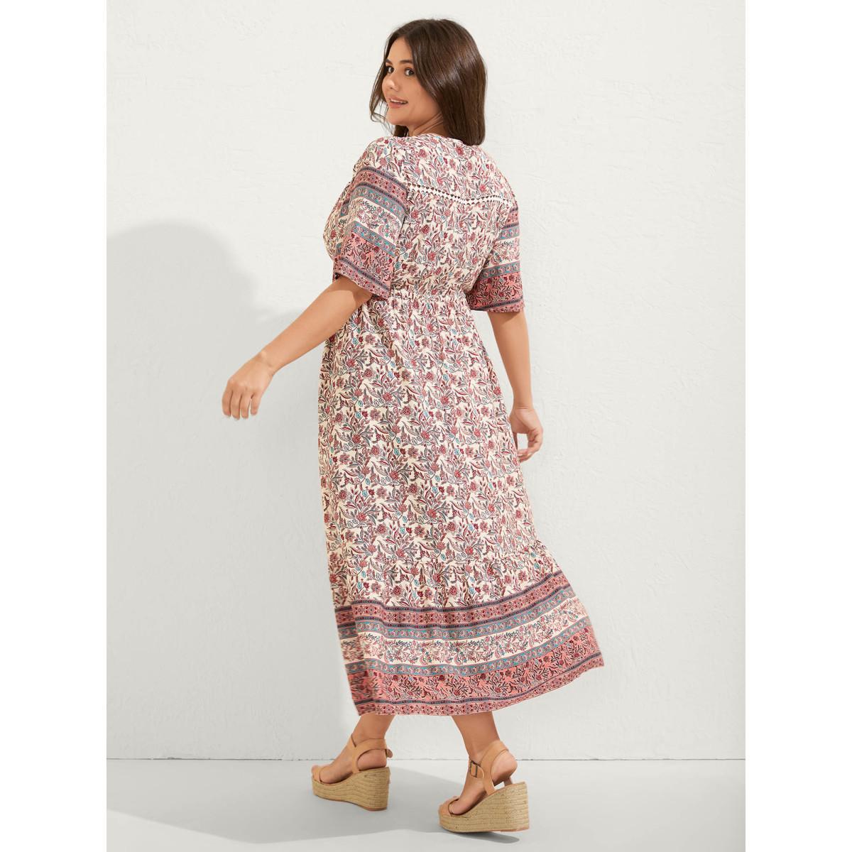 Plus Size Floral Print Lace Waist Drawstring Maxi Dress Salmon Women Woven ribbon&lace trim Flat collar with V-notch Half Sleeve Curvy BloomChic 28/5X Product Image