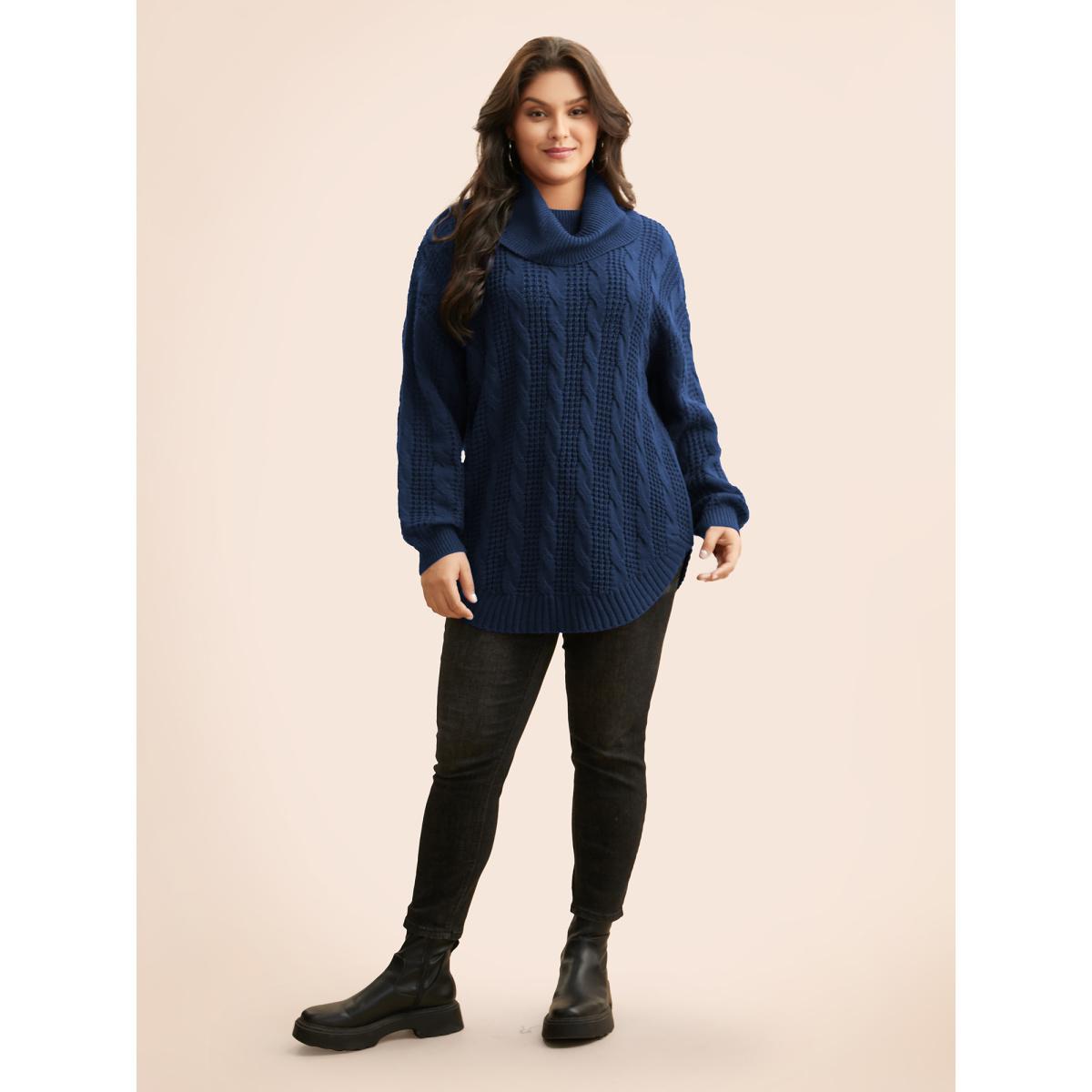 Plus Size Turtleneck Cable Knit Curved Hem Pullover DarkGreen Women Casual Loose Long Sleeve Turtleneck Everyday Pullovers BloomChic 22-24/3X Product Image