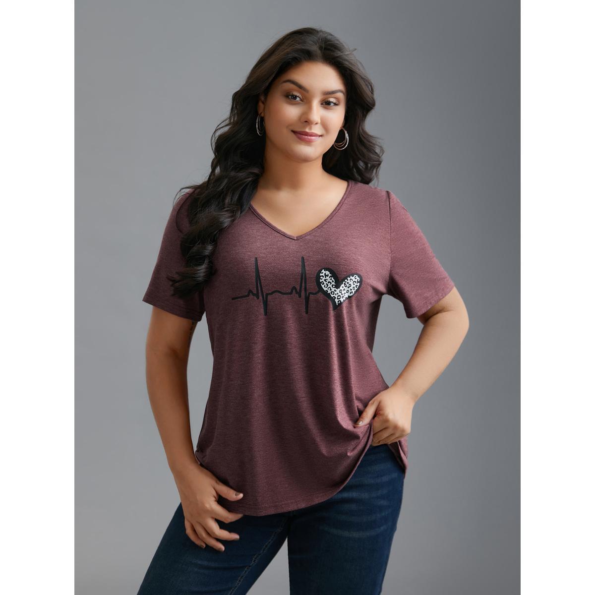 Plus Size V Neck Heart Print T-Shirt Russet Women Casual Non Art&design Round Neck Everyday T-shirts BloomChic 14-16/1X Product Image