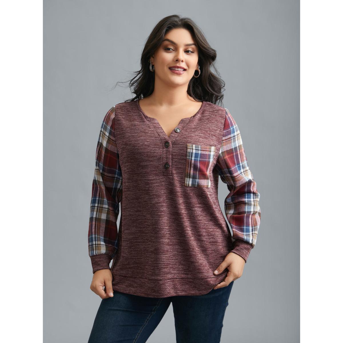 Plus Size Plaid Sleeve Button Up Patchwork Sweatshirt Women Burgundy Casual Contrast Notched collar Everyday Sweatshirts BloomChic 14-16/1X Product Image