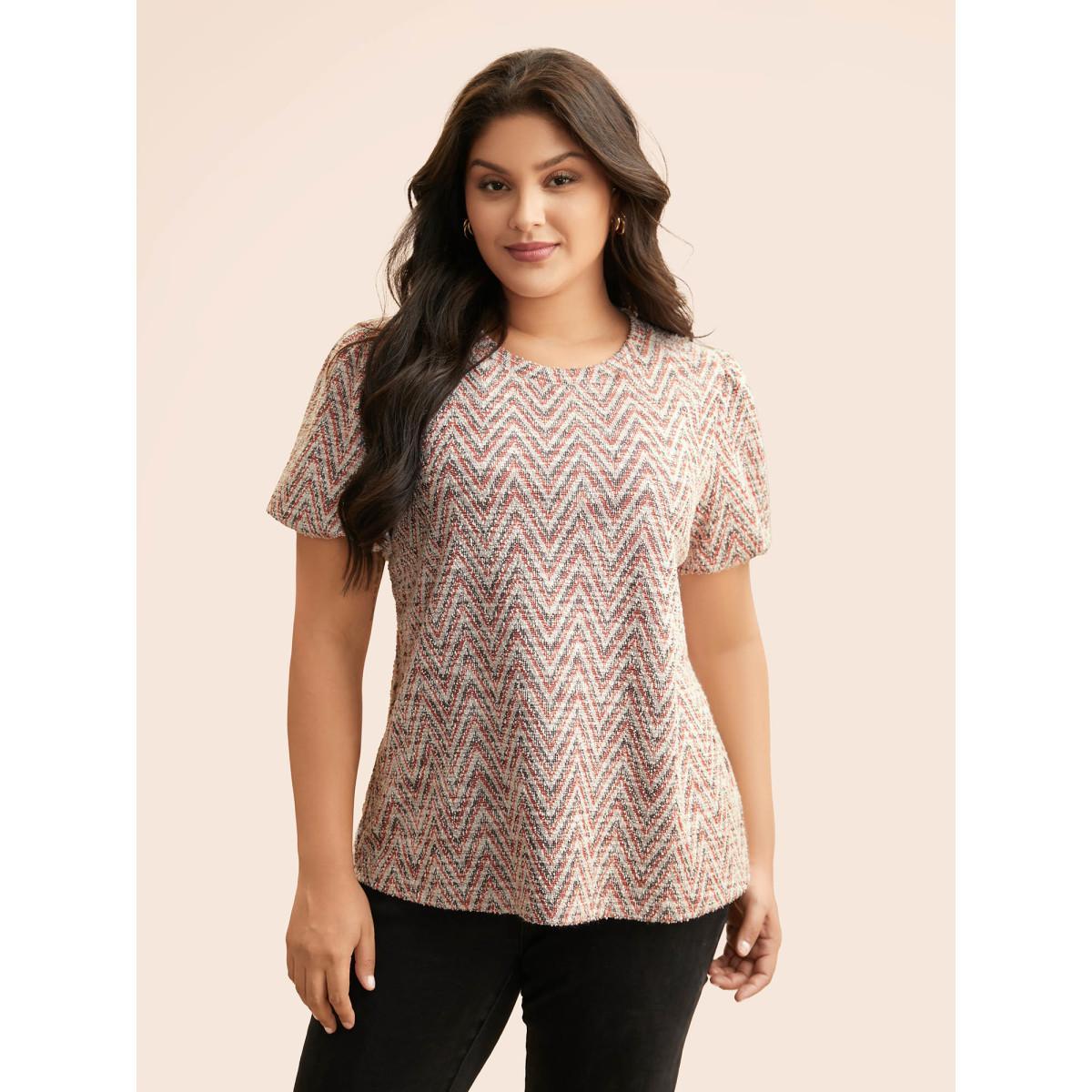 Plus Size Textured Round Neck Lantern Sleeve T-shirt Brightred Women Elegant Texture Round Neck Everyday T-shirts BloomChic 30/6X Product Image