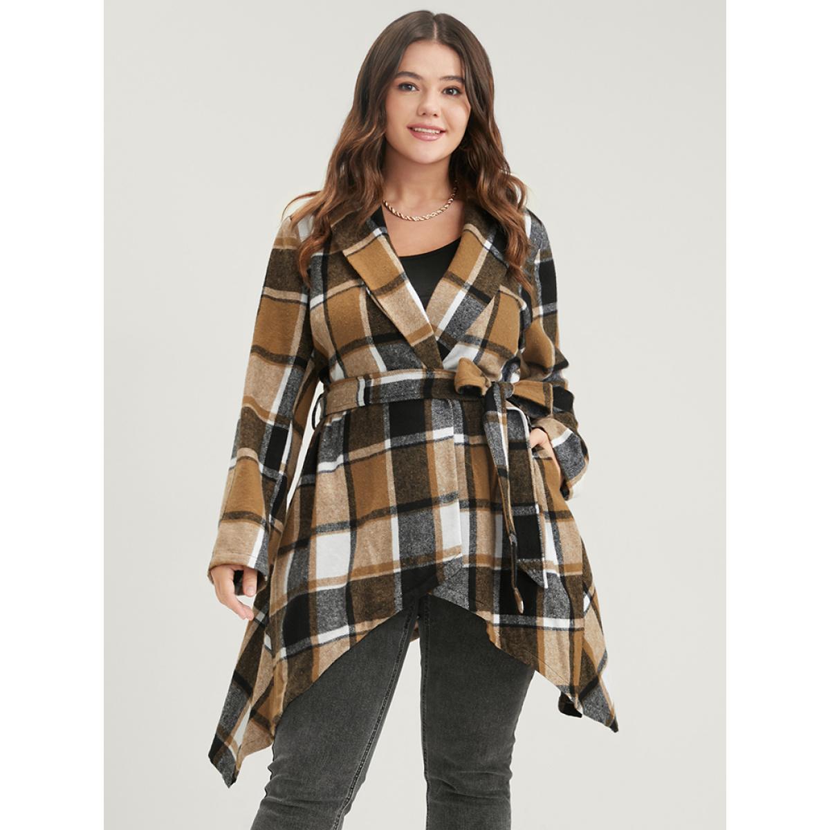 Plus Size Plaid Pocket Lapel Collar Asymmetrical Hem Belted Coat Women Bronze Elegant Button Ladies Dailywear Winter Coats BloomChic 28/5X Product Image