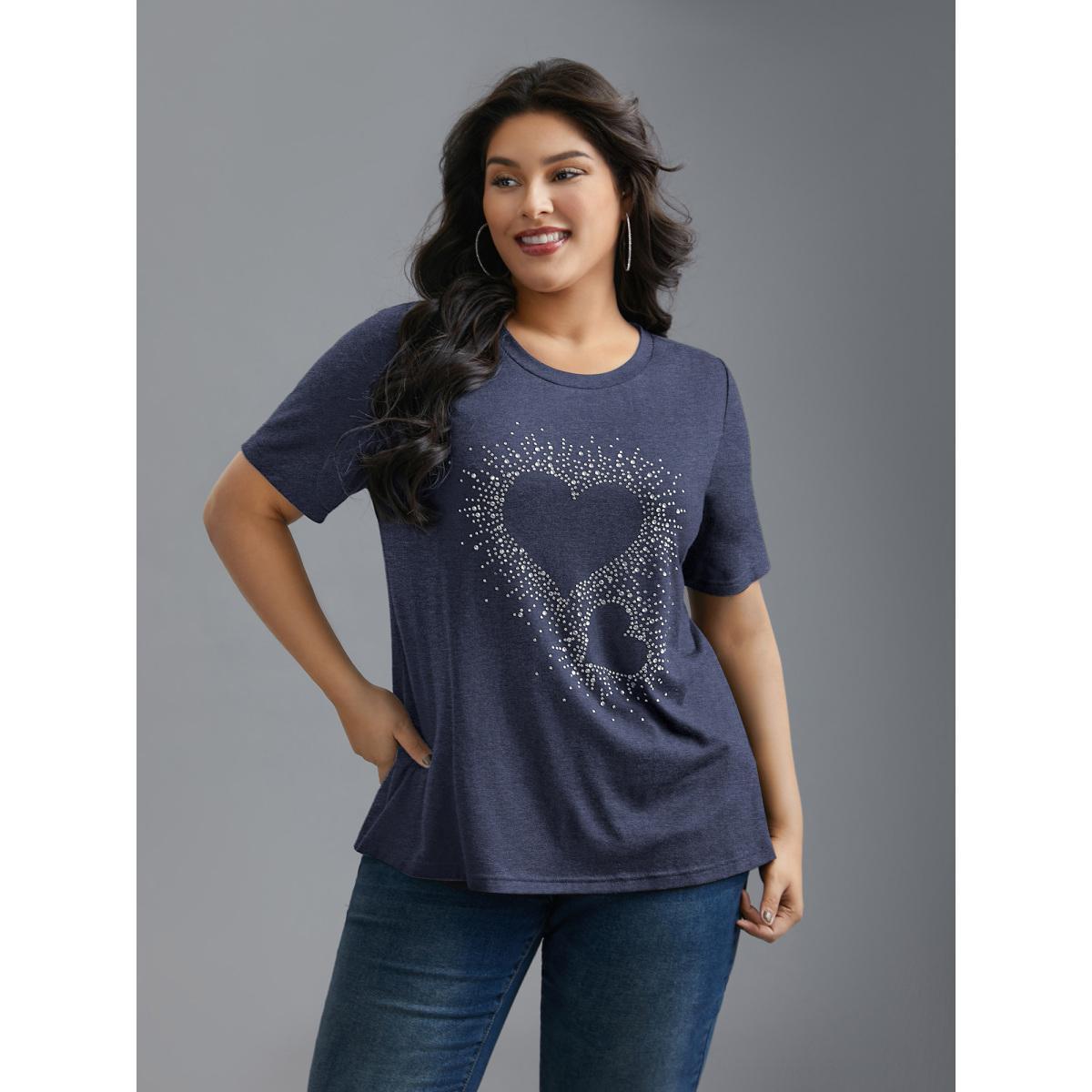 Plus Size Crew Neck Rhinestone Heart T-Shirt DarkBlue Women Casual Rhinestone detailing Round Neck Everyday T-shirts BloomChic 18-20/2X Product Image