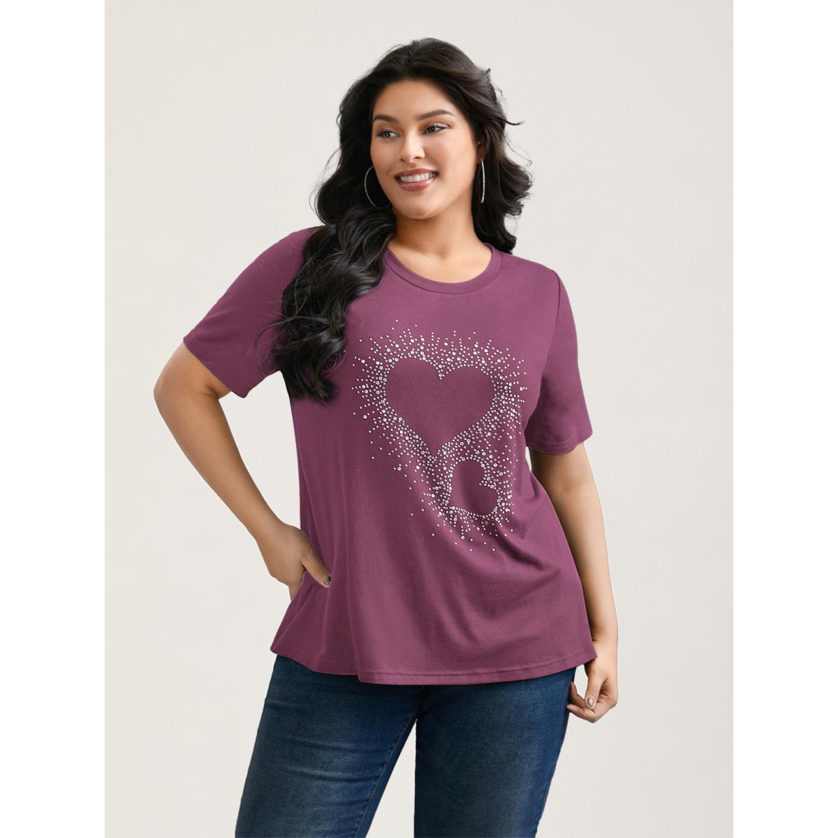 Plus Size Crew Neck Rhinestone Heart T-Shirt Deeppurplered Women Casual Rhinestone detailing Round Neck Everyday T-shirts BloomChic 22-24/3X Product Image