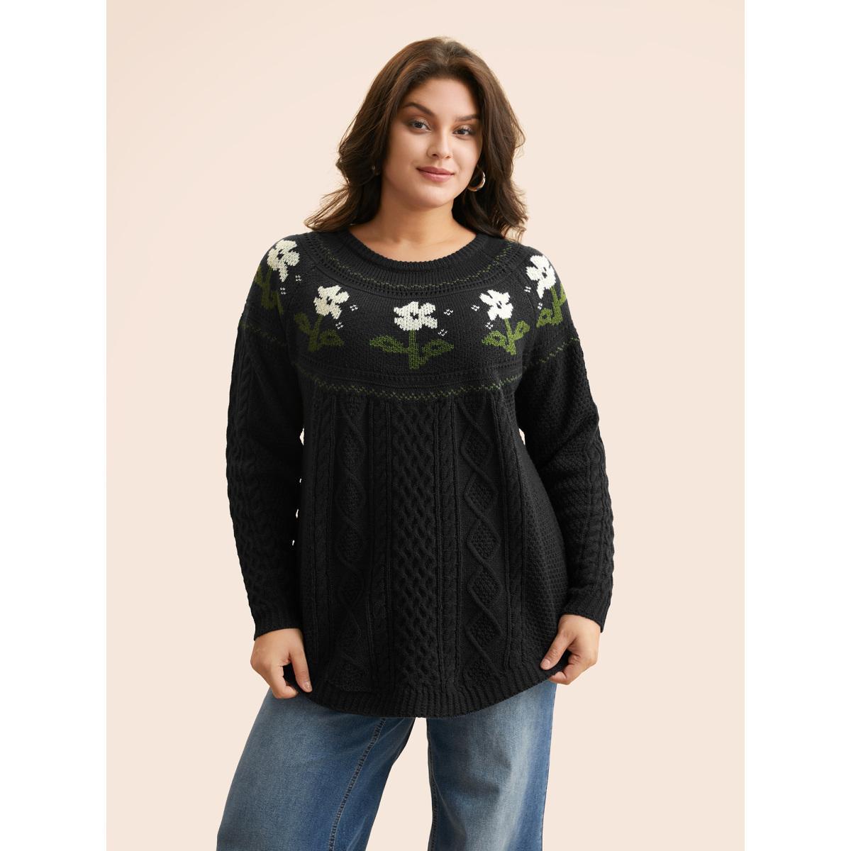 Plus Size Floral Jacquard Raglan Sleeve Pullover Black Women Casual Long Sleeve Round Neck Everyday Pullovers BloomChic 12/L Product Image