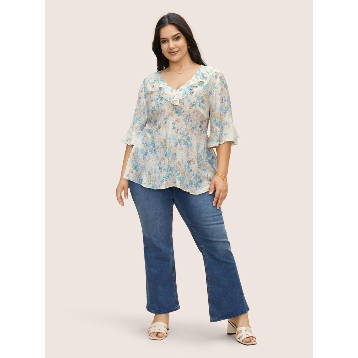 Plus Size LightBlue Floral Bell Sleeve Ruffle Trim Blouse Women Elegant Elbow-length sleeve V-neck Everyday Blouses BloomChic 18-20/2X Product Image