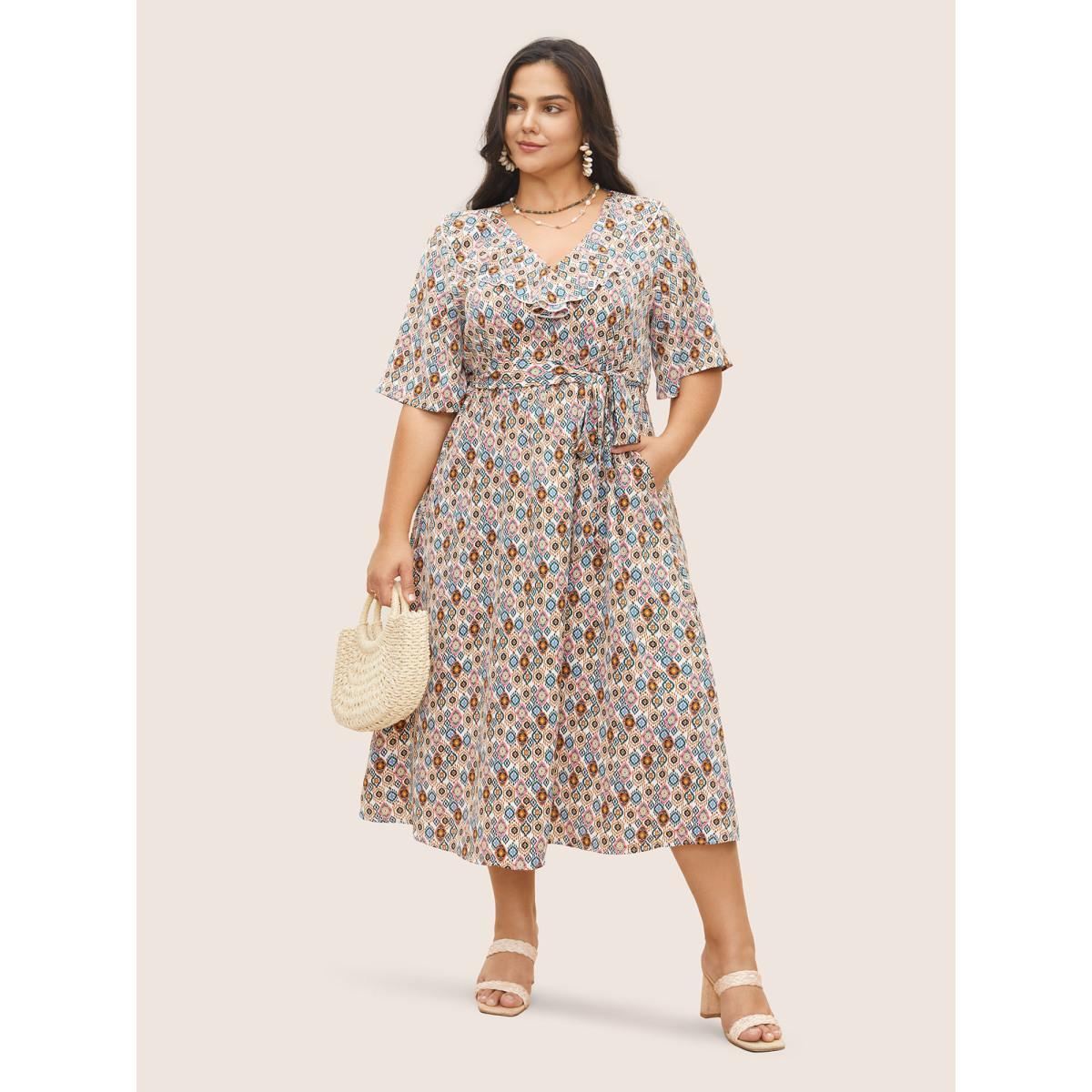 Plus Size Bandana Geometric Ruffle Trim Belted Dress DarkGreen Women Resort Non V-neck Half Sleeve Curvy Midi Dress BloomChic 30/6X Product Image