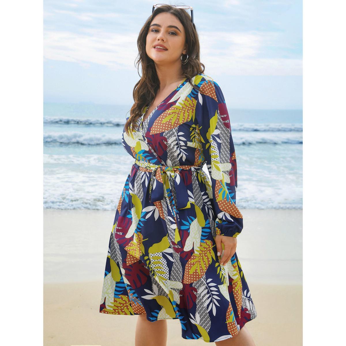 Plus Size Surplice Neck Tropical Leaf Pockets Midi Dress DarkBlue Women Elegant Belted Overlap Collar Long Sleeve Curvy BloomChic 22-24/3X Product Image