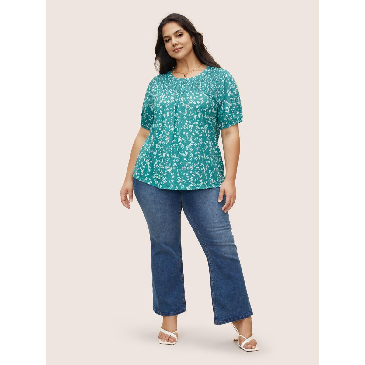 Plus Size Ditsy Floral Shirred Lantern Sleeve T-shirt Emerald Women Elegant Gathered Round Neck Everyday T-shirts BloomChic 12/L Product Image