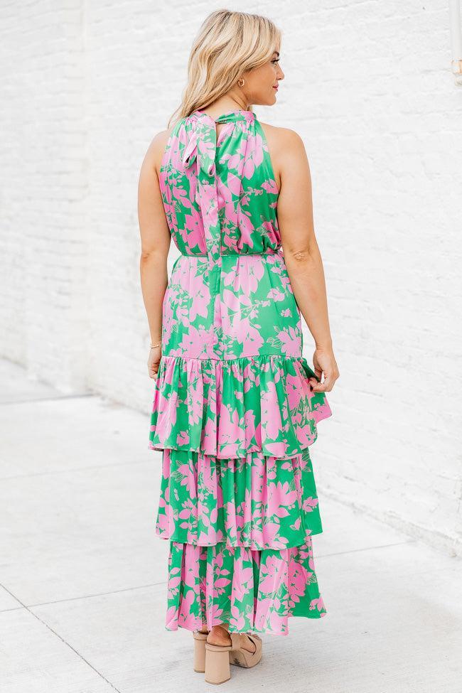 An Inspiration Green and Pink Printed Satin Halter Maxi Dress FINAL SALE Product Image