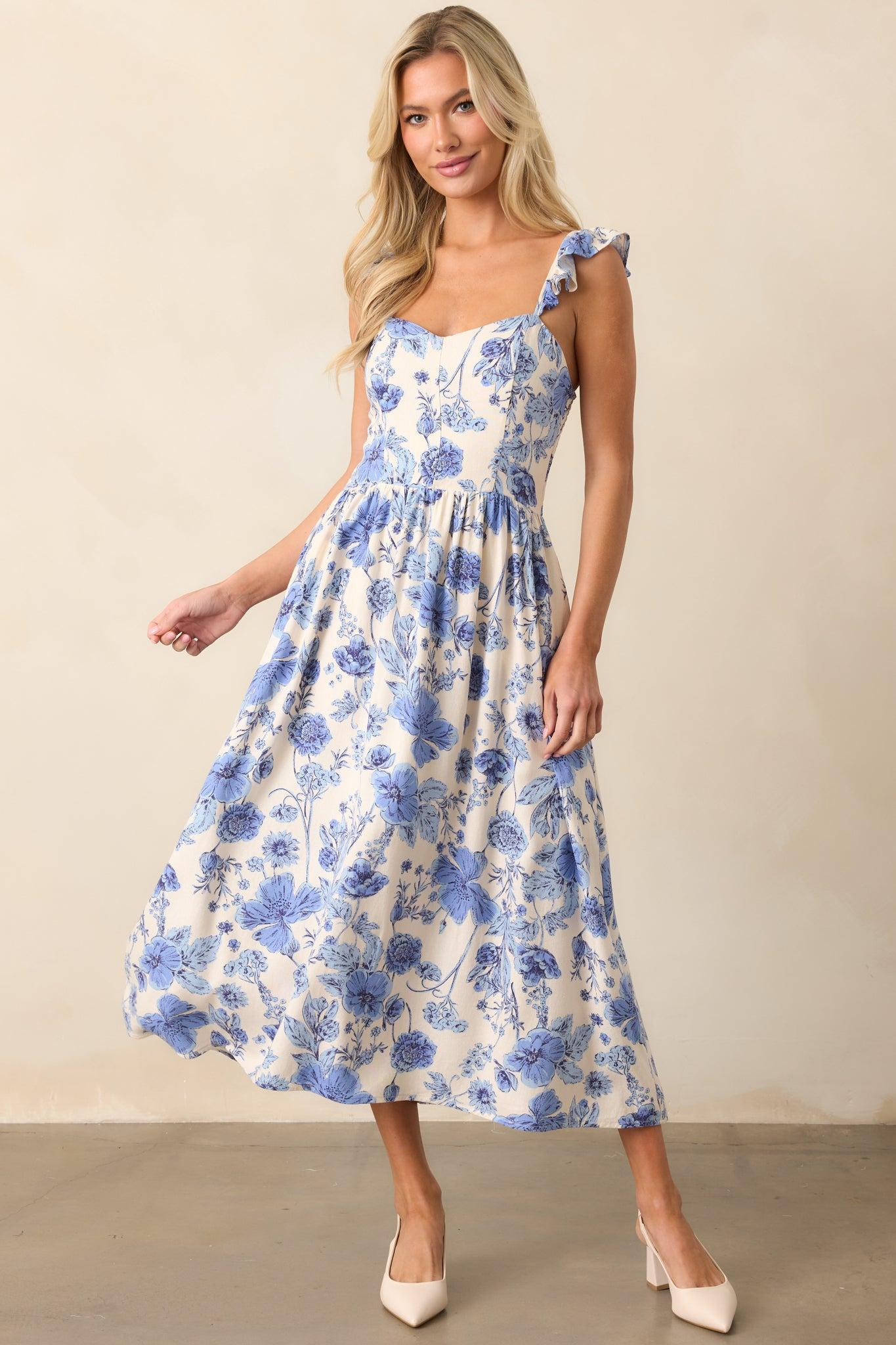 Blossoms Of Belief Ivory & Blue Floral Midi Dress Product Image