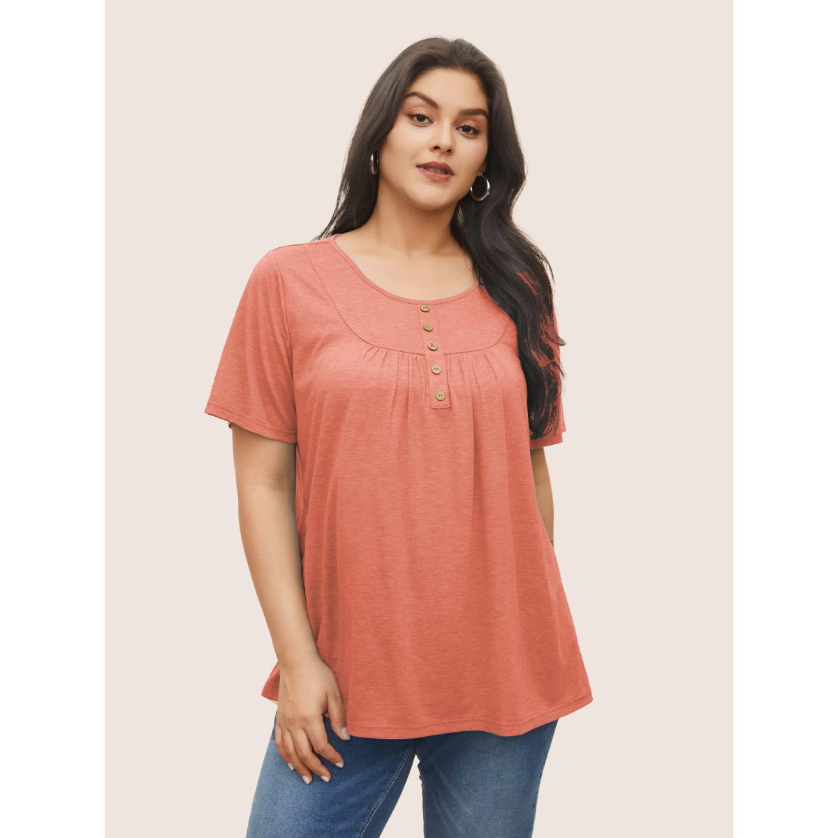 Plus Size Solid Heather Button Detail Gathered T-shirt Turquoise Women Casual Button Plain U-neck Everyday T-shirts BloomChic 26/4X Product Image