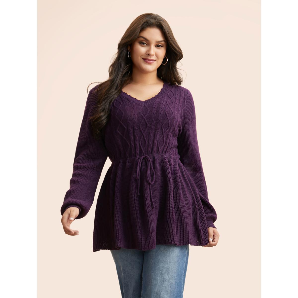 Plus Size V Neck Cable Knit Drawstring Pullover Eggplant Women Casual Long Sleeve V-neck Everyday Pullovers BloomChic 12/L Product Image