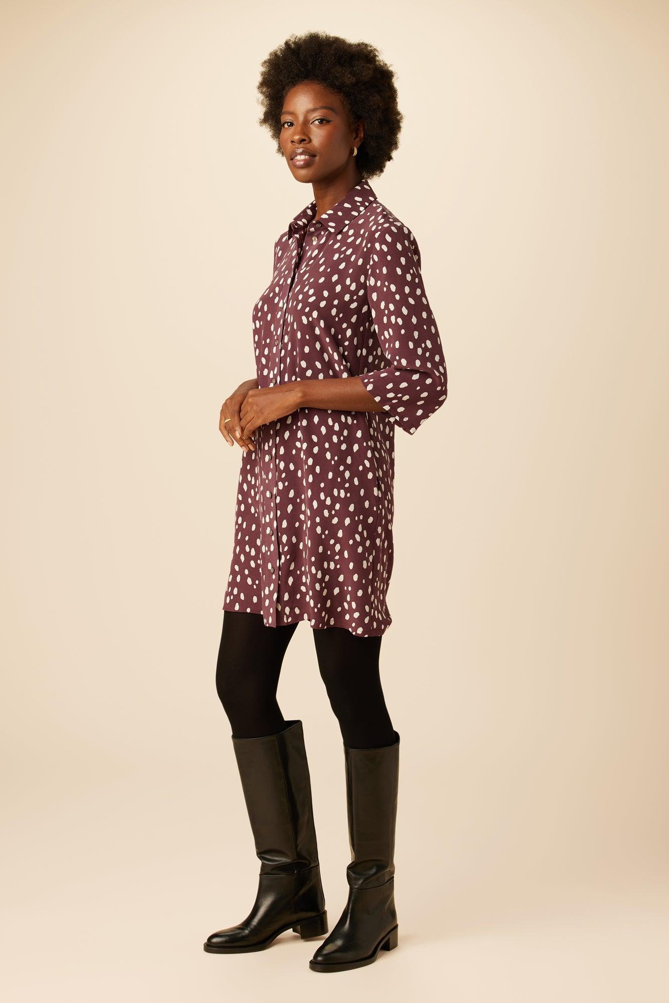 Gloria Washable Silk Dress - Pebble Dot Plum - ReAmour Product Image